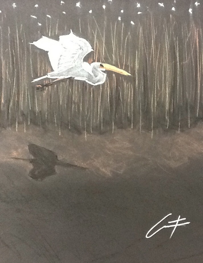 Ibis over the Marsh pastel painting